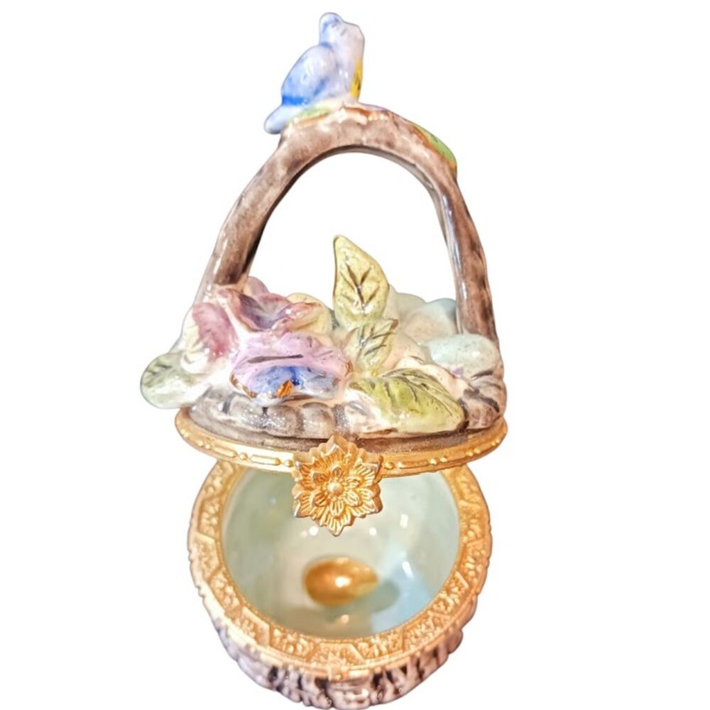 Heather Goldminc Blue Sky Corp Basket Bird Flowers Trinket Box 2003